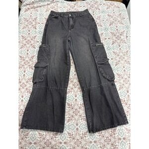 Romwe Womens Wide Leg Cargo Jeans Washed Black Baggy Utility Pants Size L 8/10